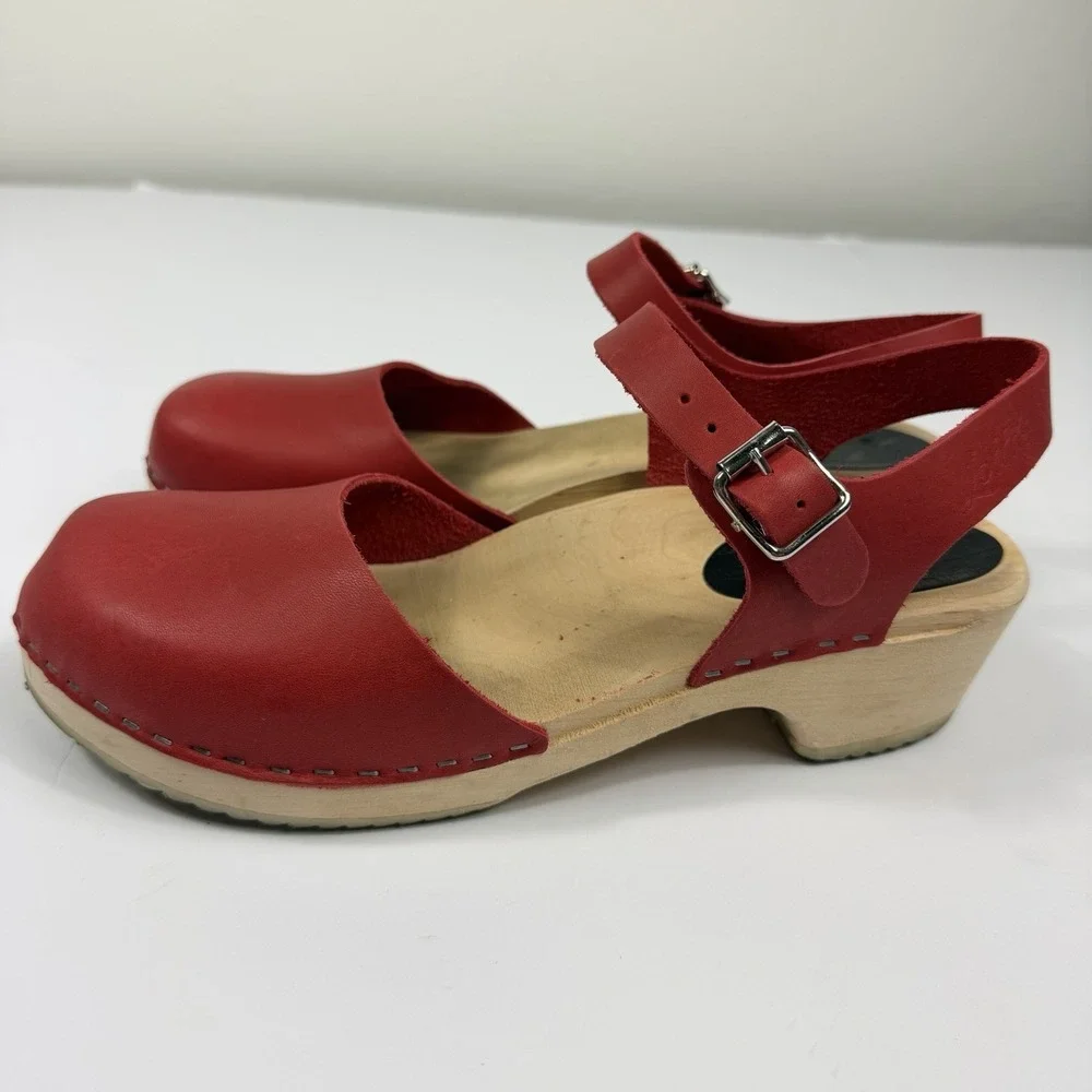 Lotta From Stockholm Red Leather Swedish Clogs Sandals Women's Size 42 - Picture 3 of 10